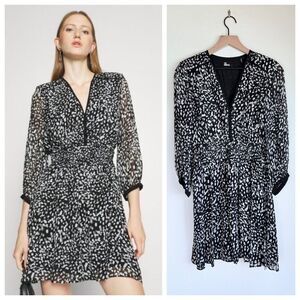 NEW The Kooples Grunge Leopard V-Neck 3/4 Sleeve Mini Dress in Black & White US4